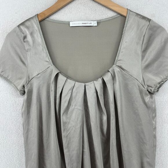 CHAIKEN PROFILE Top 0 XS Stretch Silk Satin Pleated Cap Sleeve Gray Silver USA - Picture 3 of 14
